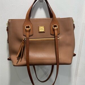 Dooney & Bourke Brown Tan Saffiano Satchel with Gold Hardware